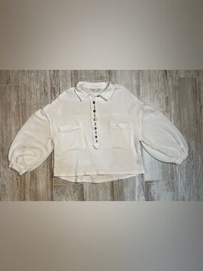 POL Freckled Poppy X White Gauzy/Waffle Knit Button Pullover Blouse Sz S